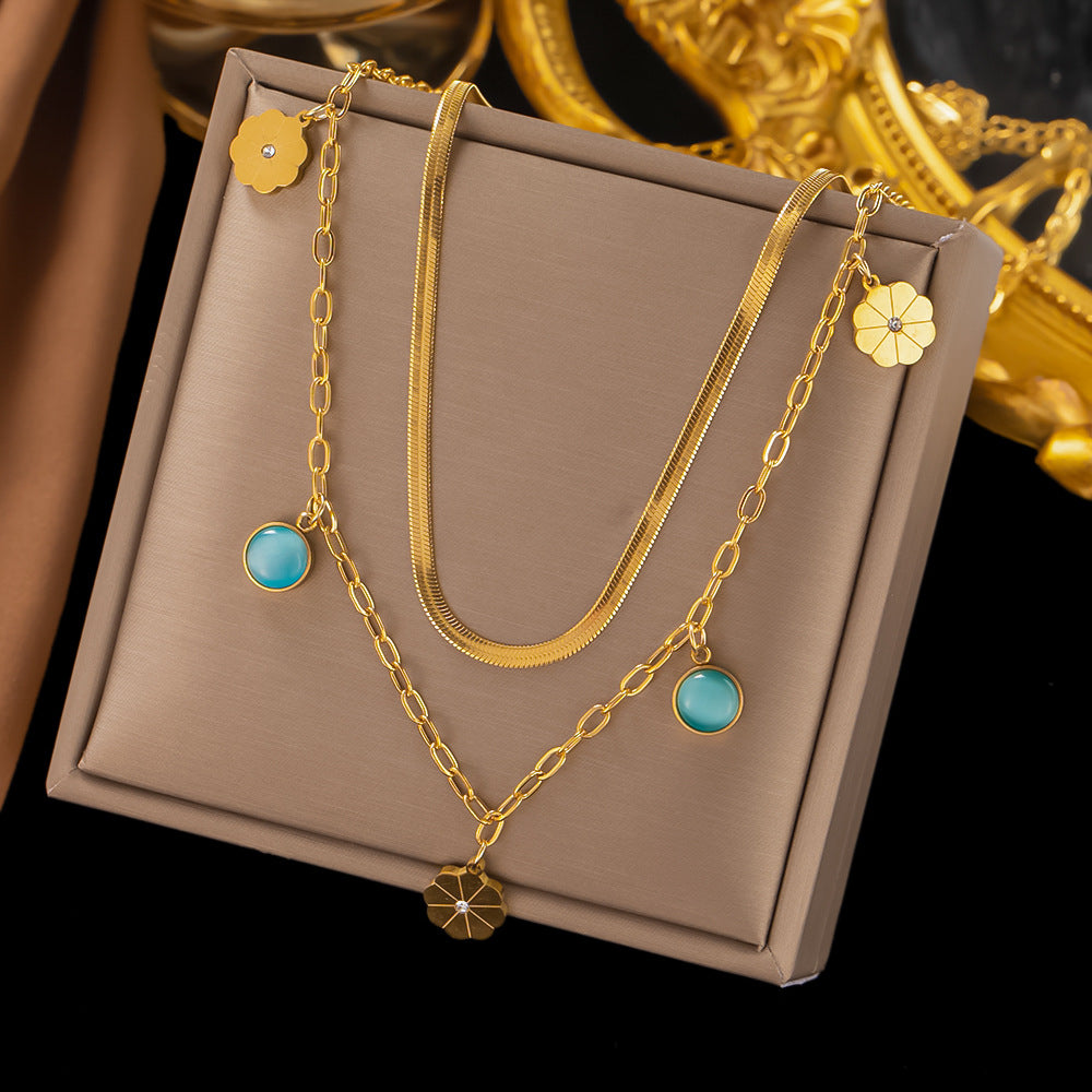 Wholesale Titanium Steel Double Layer Turquoise Pendant Necklace
